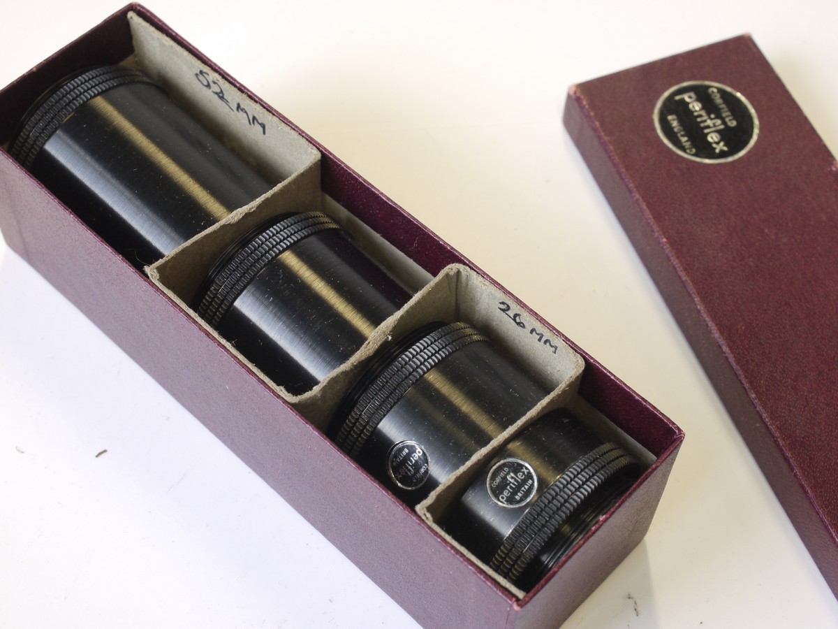 mwclassiccameras-20230407-102 Corfield Periflex Set of four L39 mount extension tubes (18, 26, 34 & 52mm) + Corfiedl purple box