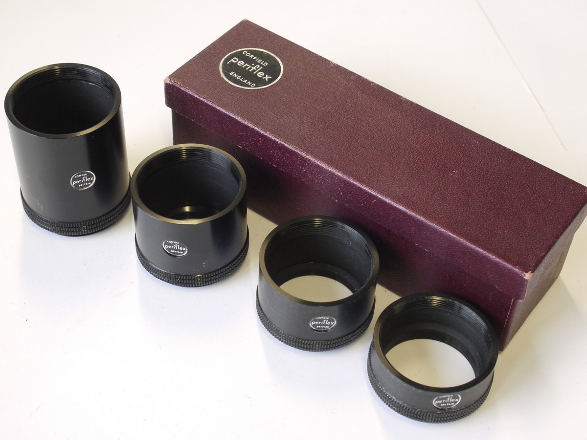 mwclassiccameras-20230407-103 Corfield Periflex Set of four L39 mount extension tubes (18, 26, 34 & 52mm) + Corfiedl purple box