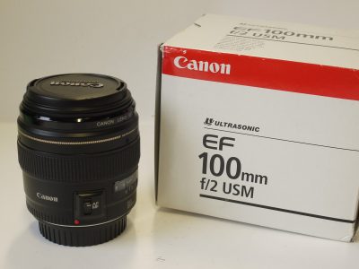 Canon EF 100mm f2 USM lens + Canon caps, Instructions & makers Box with packaging