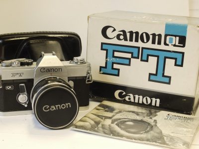 Canon FT QL 35mm SLR, chrome March c1966 + Canon 50mm f1.4 FL lens, front cap, ER case, Strap, Instructions & Canon matching numbered box with packaging