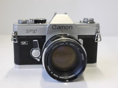 Canon FT QL 35mm SLR, chrome March c1966 + Canon 50mm f1.4 FL lens, front cap, ER case, Strap, Instructions & Canon matching numbered box with packaging