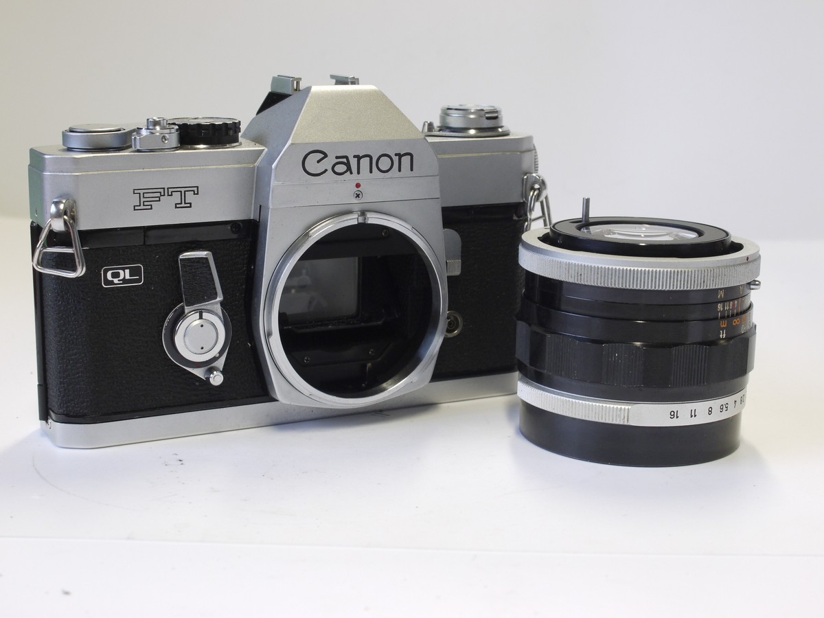 mwclassiccameras-20230414-303 Canon FT QL 35mm SLR, chrome March c1966 + Canon 50mm f1.4 FL lens, front cap, ER case, Strap, Instructions & Canon matching numbered box with packaging