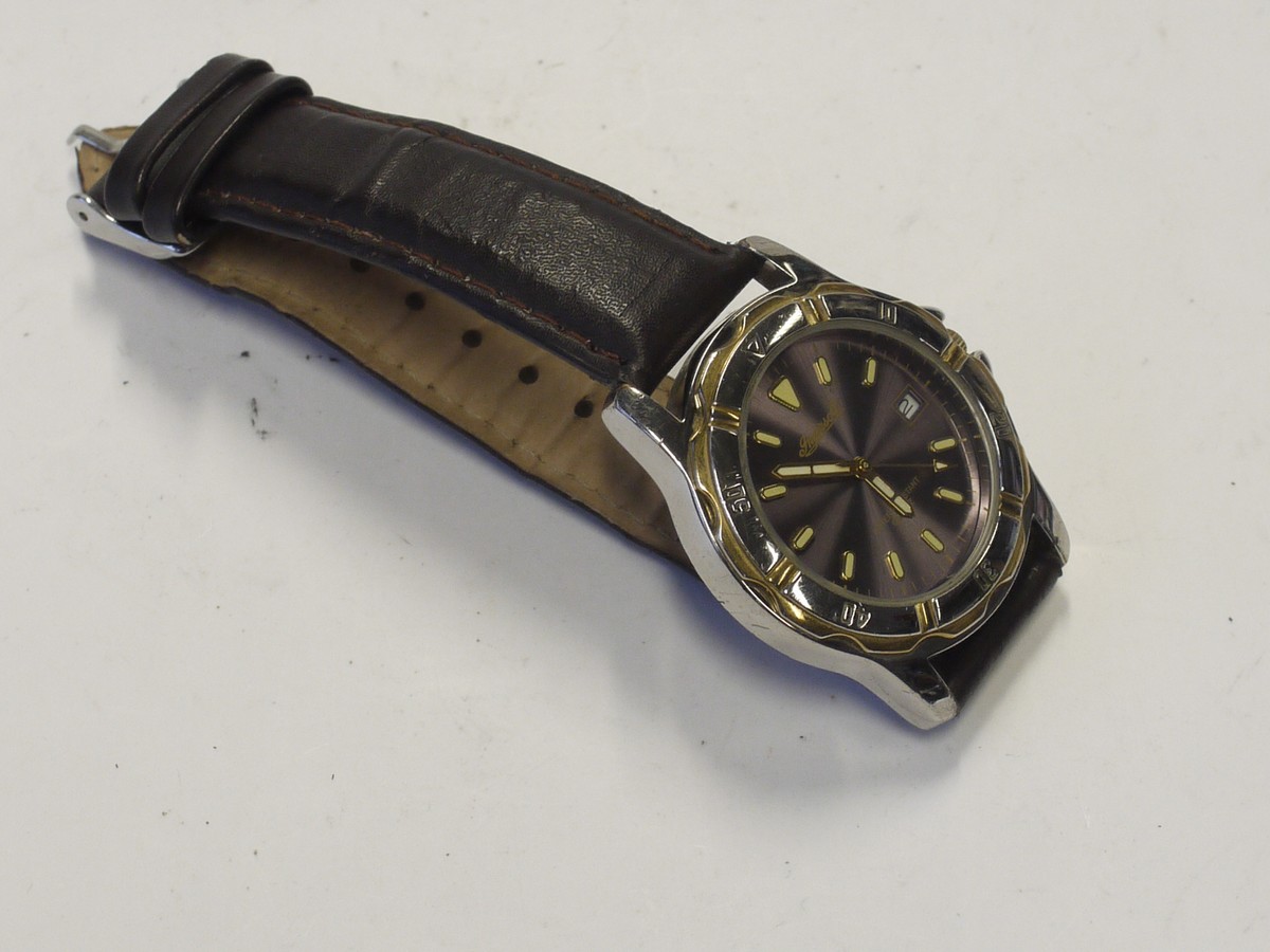 mwclassiccameras-20230420-416 Ingersol DIN33230 BI Wristwatch, Grey Dial, Stainless Steel back, Brown leather type strap