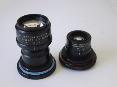 Perkin Elmer Set of Two lenses, 9.48X & 5.62X, both f5.6, (No.s 1036004-001 & 1036004-002), engrasved P/N 700-0584 & P/N 700-0594, both with Iris Diaphragms & flanges. PROBABLY FOR SCIENTIFIC USE