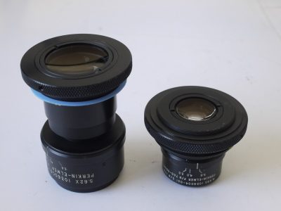 Perkin Elmer Set of Two lenses, 9.48X & 5.62X, both f5.6, (No.s 1036004-001 & 1036004-002), engrasved P/N 700-0584 & P/N 700-0594, both with Iris Diaphragms & flanges. PROBABLY FOR SCIENTIFIC USE