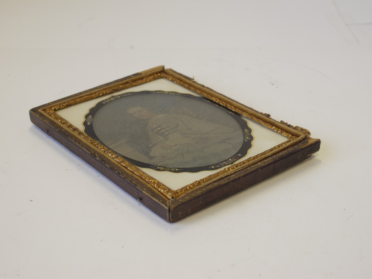 mwclassiccameras-20230420-70 Ambrotype, 1/4 plate Image of a seated Lady, tinted, with Oval frame & Square case