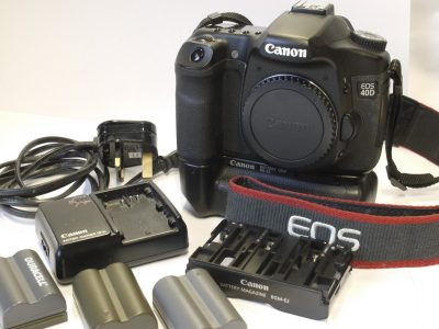 Canon EOS 40D DSLR body 10.1MP, with Three Batteries, BG-E2 Battery Grip, Canon CB-5L Charger & Canon neck strap