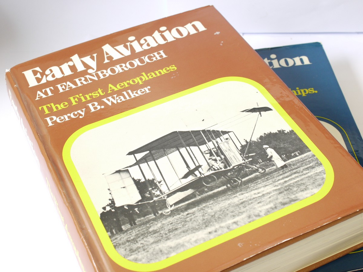 mwclassiccameras-20230804-208 Set of Two books - "Early Aviation at Fairnborough, The First Aeroplanes" "Early Aviation at Farnborough, Baloons, Kiites & Airships", both by Percy Walker c1971 & 74. Hardbound with dust covers