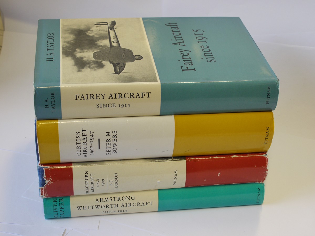 mwclassiccameras-20230811-110 Set of Four Putnam Publication books - "Fairey Aircraft since 1915", "Curtiss Aircraft 1907-1947", "Blackburn Aircraft since 1909" & "Armstrong Whitworth Aircraft since 1913" c1968-1979. All hardback with dust covers