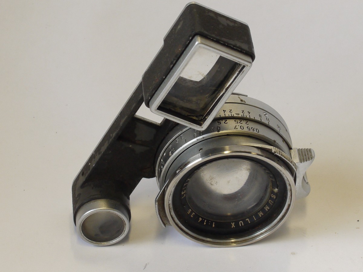 mwclassiccameras-20230901-92 Leitz Canada 35mm f1.4 Summilux-M chrome "Steel Rim" lens with M3 Spectacle finder/Goggles (No.1765472) C1960, RARE 1ST VERSION
