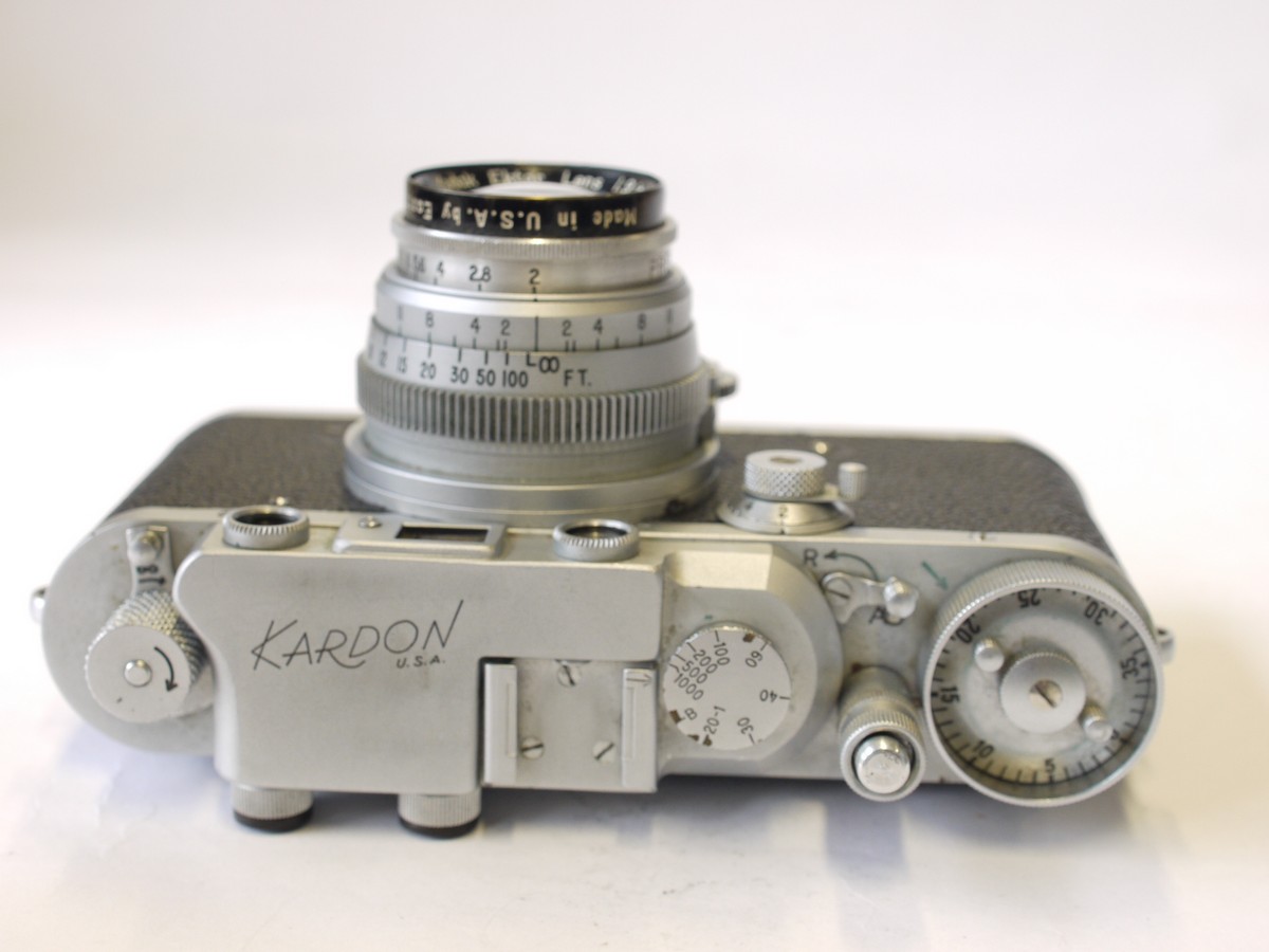 mwclassiccameras-20230908-263 Kardon USA Leica Copy (Civilan Version) + Kodak 47mm f2 Ektar coated L39 Rangefindfer coupled lens. UNCOMMON