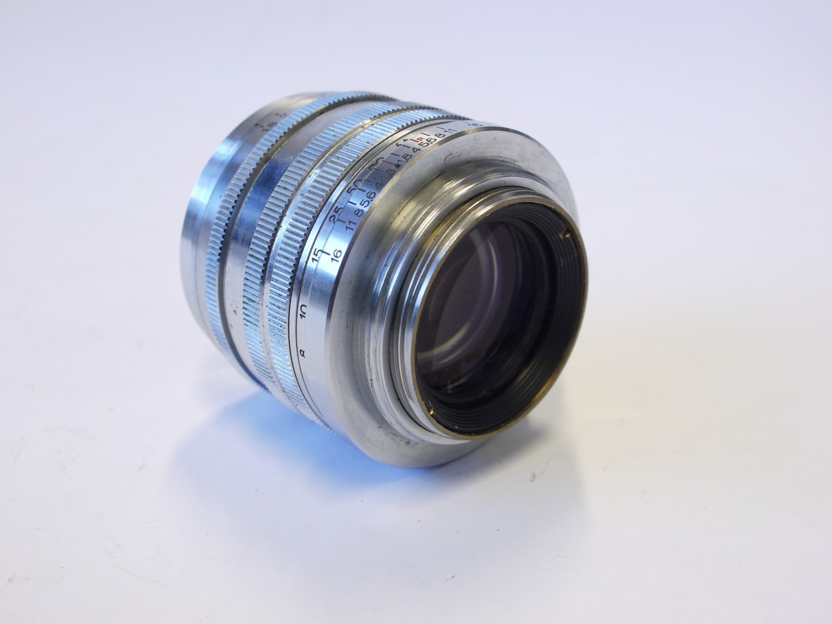 mwclassiccameras-20230922-185 Canon 50mm f1.8 all chrome Leica L39 RF screw mount lens + Canon 42mm push-on adapter with Canon Lens hood