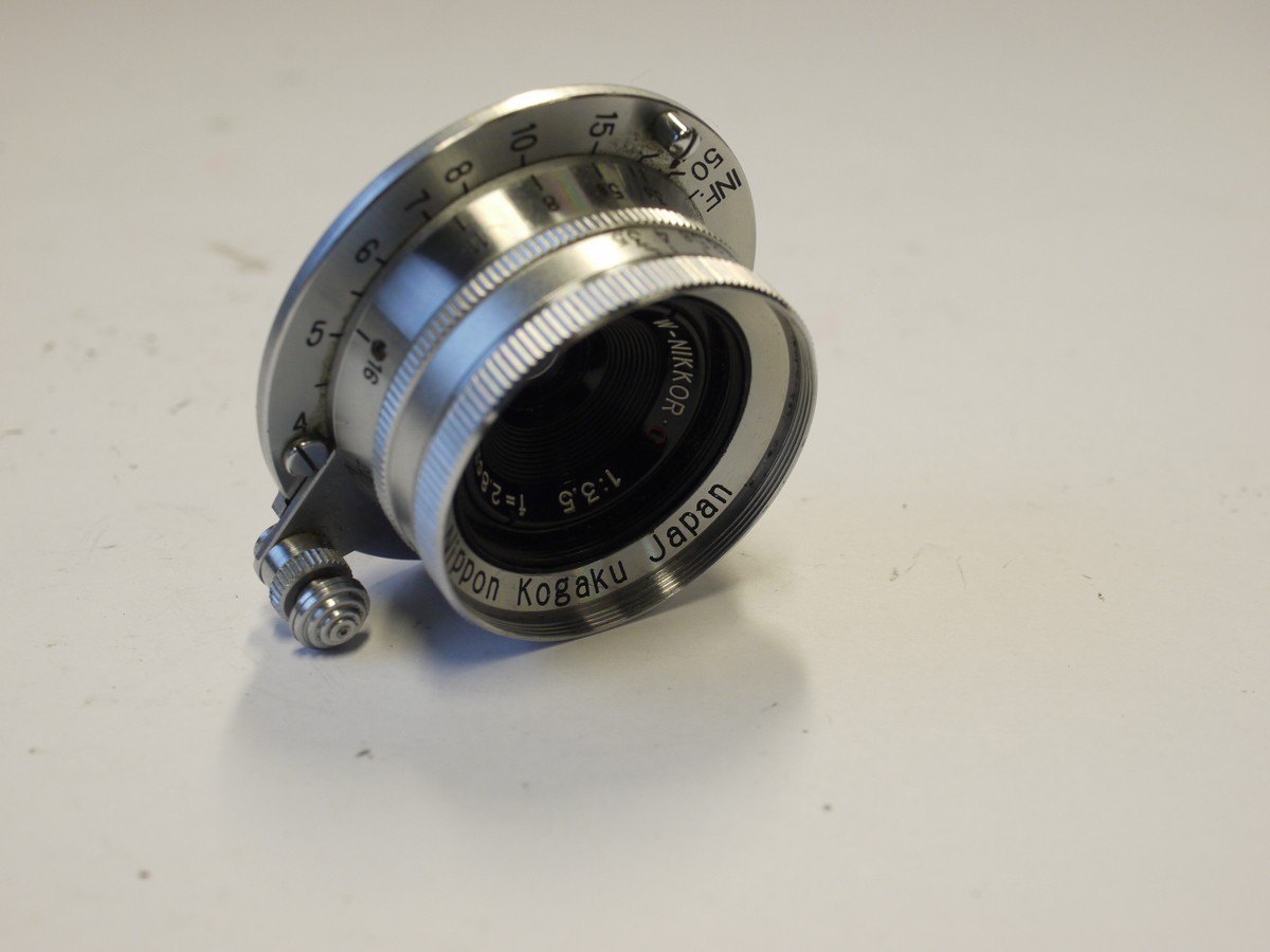 mwclassiccameras-20230922-259 Nikon Nippon Kogaku 2.8cm f3.5 W-Nikkor-C chrome Leica L39 RF coupled screw mount lens + Nikon front cap & a rear cap. RARE
