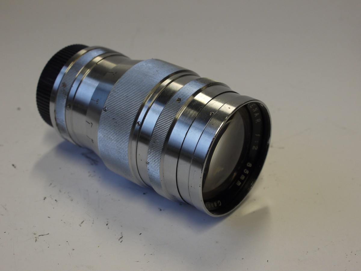 mwclassiccameras-20230922-288 Canon 85mm f2 Serenar all chrome Leica L39 RF coupled screw mount lens + rear cap