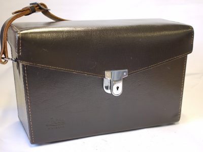 Leitz Brown leather semi-hard carrying Compartment outfit case with removable insert with sections for M camera, 4 lenses, Spectacle finder & filter. With strap
