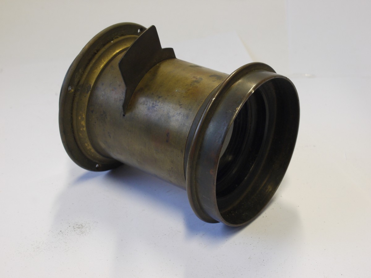 mwclassiccameras-20231020-444 Unamed 15 inch (Estimated) brass lens with slot & one Waterhouse stop + flange