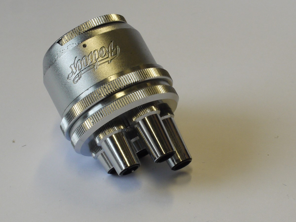 mwclassiccameras-20231027-240 Foinix Barrel shaped Multi-Turret finder, all chrome, for 35, 50, 85, 90 & 135mm + makers leather case