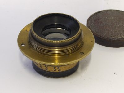 Krauss Paris 136mm f8 Zeiss Protar brass lenswith Iris Diaphragm, flange & red leather front cap