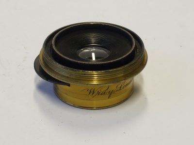Wray London 5 inch f16 WAR (Wide Angle Rectilinear) brass lens with rotating wheel apertures + Ref leather front cap