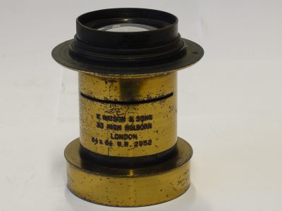 W Watson & Sons 6 1/2 inch RR (Rapid Rectilinear) brass lens with slot for Waterhous stops (no stops included), with flange. 60 front glsss to rear glass. 38mm glass diameter