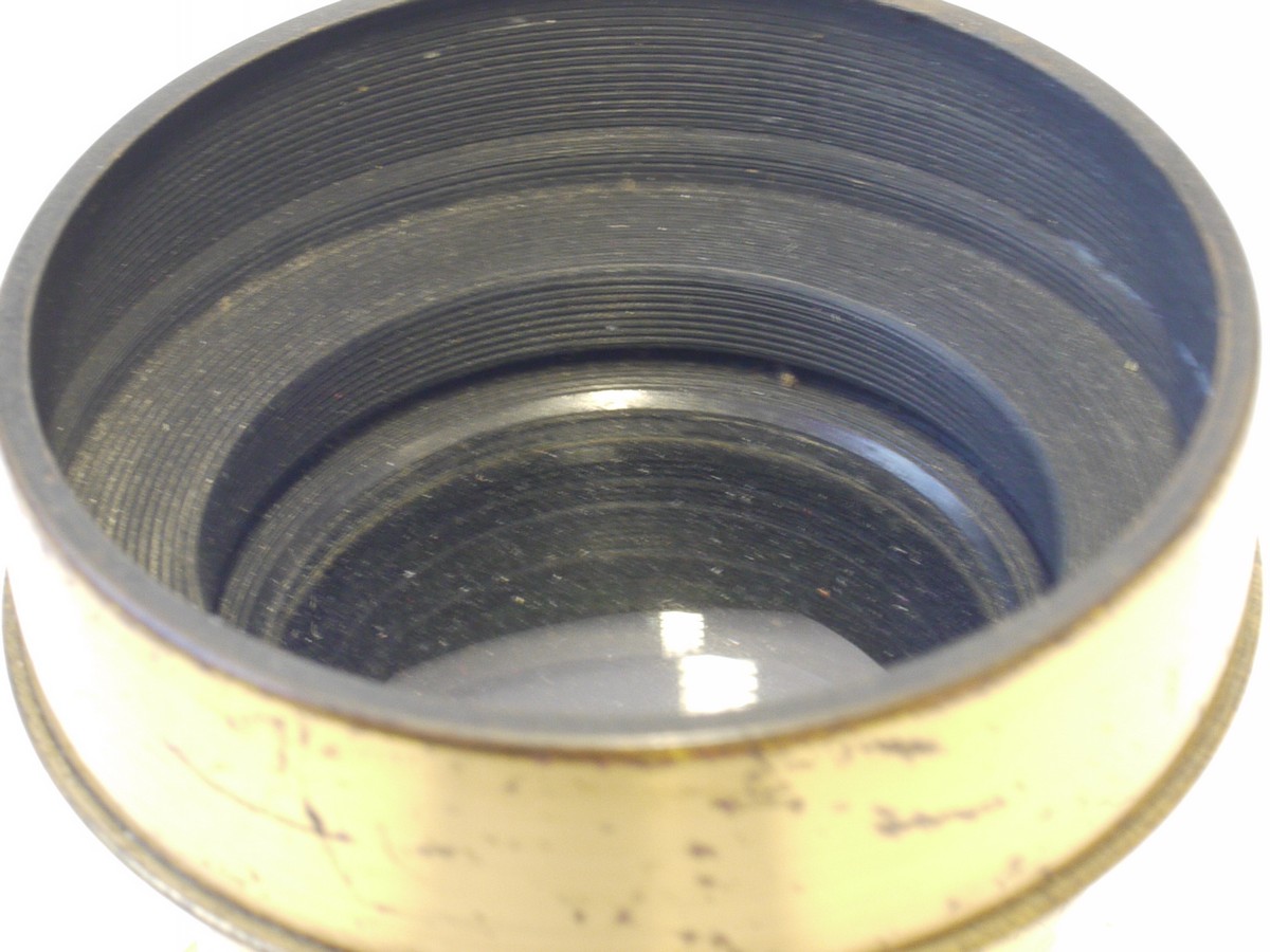 mwclassiccameras-20231103-385 W Watson & Sons 6 1/2 inch RR (Rapid Rectilinear) brass lens with slot for Waterhous stops (no stops included), with flange. 60 front glsss to rear glass. 38mm glass diameter