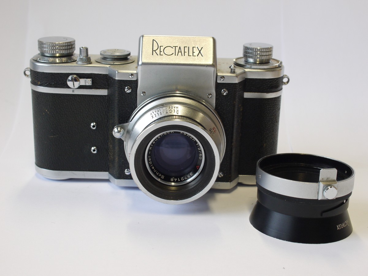 mwclassiccameras-20231124-50 Rectaflex Standard 1300 35mm SLR, chrome + Schneider 50mm f2 Xenon interchangeabe lens & ASVOP adjustable metal lens hood