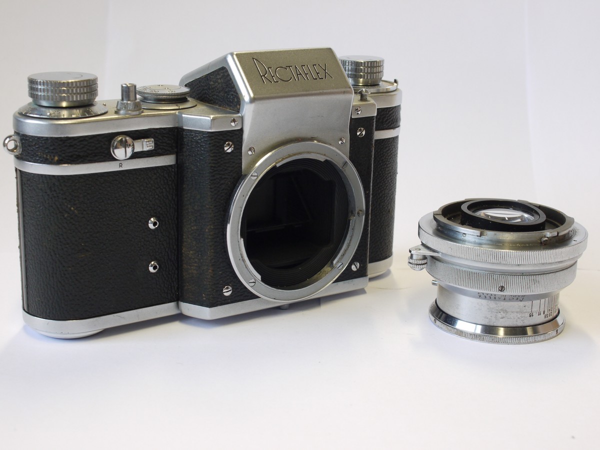 mwclassiccameras-20231124-54 Rectaflex Standard 1300 35mm SLR, chrome + Schneider 50mm f2 Xenon interchangeabe lens & ASVOP adjustable metal lens hood
