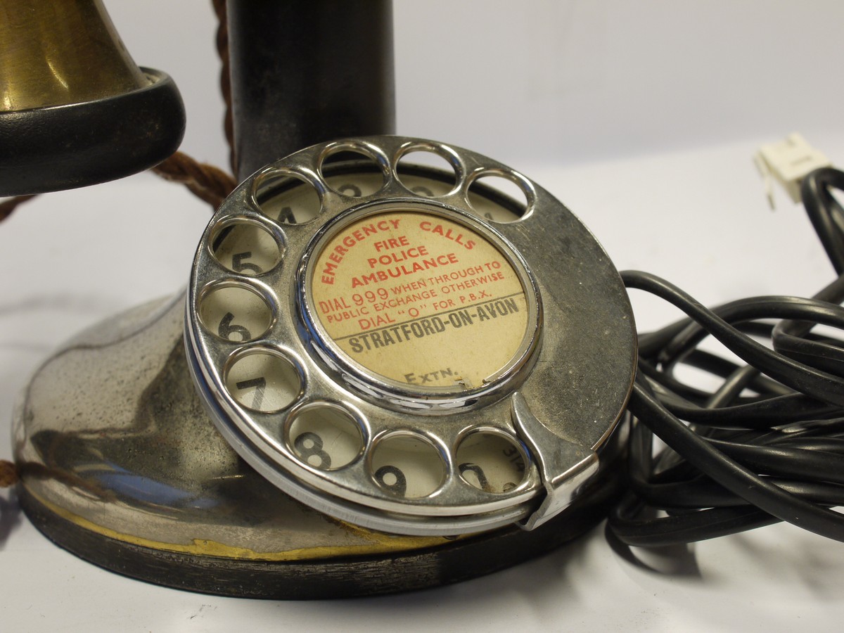 mwclassiccameras-20231208-253 Original Vintage Candlestick Telephone, complete with Earpiece & Speaker. All original but with added modern twlephone cable - can be used! Stamped "Stratford-Avon on dial