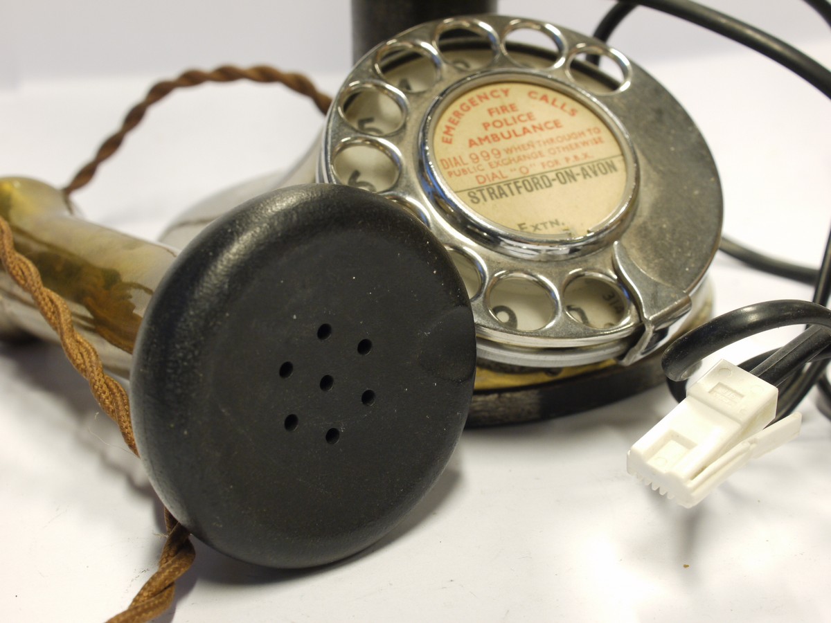 mwclassiccameras-20231208-254 Original Vintage Candlestick Telephone, complete with Earpiece & Speaker. All original but with added modern twlephone cable - can be used! Stamped "Stratford-Avon on dial