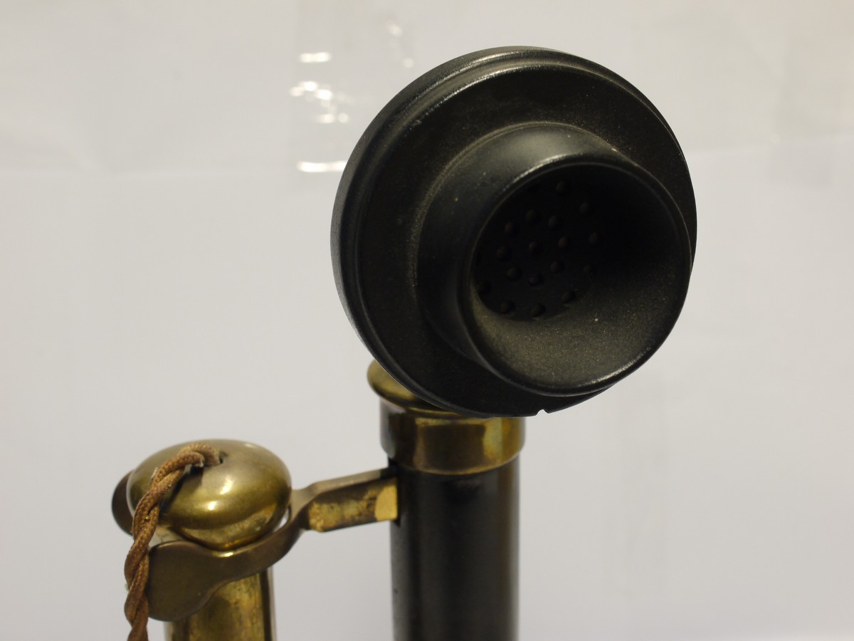 mwclassiccameras-20231208-255 Original Vintage Candlestick Telephone, complete with Earpiece & Speaker. All original but with added modern twlephone cable - can be used! Stamped "Stratford-Avon on dial