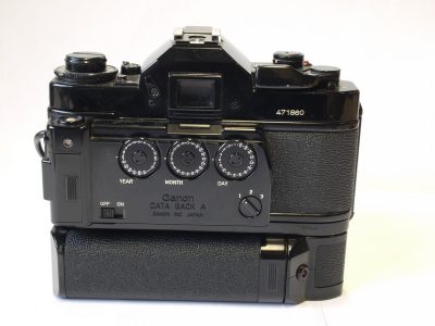 Canon A-1 35mm SLR with Program, Semi-Auto & Manual Exposure modes, with Data Back A & Power Winder A + Canon 50mm f2 FD lens with BS-52 lens hood