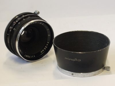 Minolta 35mm f4 W Rokkor-QE  manual focus MX Early lens for Minolta SLRS + Minolta Push-on metal lens hood (D57HB)