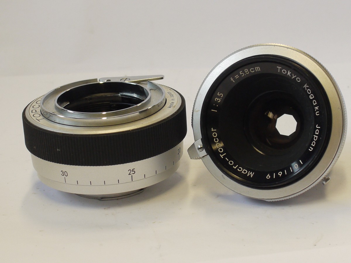 mwclassiccameras-20240216-85 Tokyo Kogaku 5.8cm f3.5 Macro-Topcor lens with removable focusing helicoid mount. For RE Super/Super D. UNCOMMON