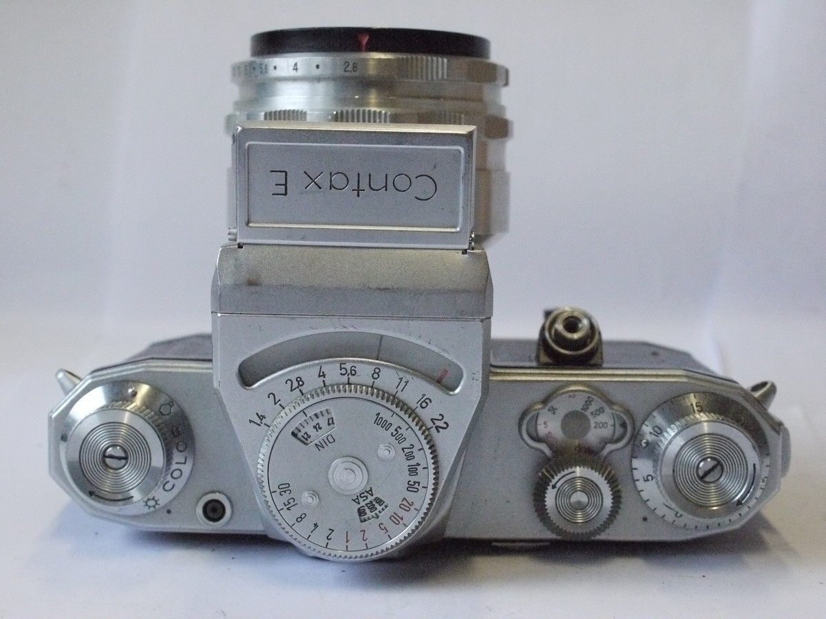 mwclassiccameras-20240223-10 Contax E 35mm SLR, selenium metered + Jena 50mm f2.8 T coated all chrome M42 screw mount lens. UNCOMMON CAMERA, SMALL PRODUCTION