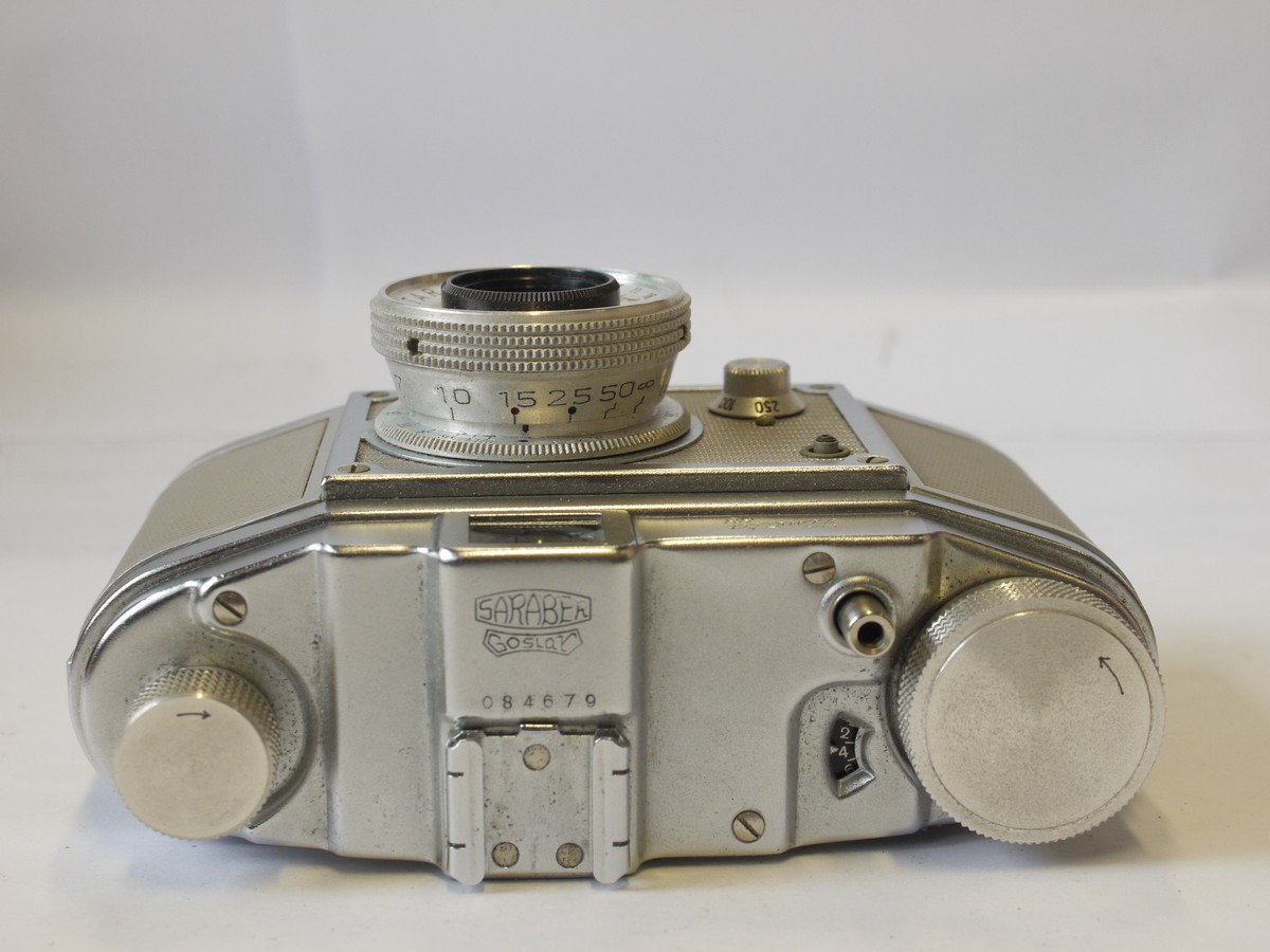 mwclassiccameras-20240405-144 Saraber Goslav Finetta 88 35mm camera, Silver grey covering + 45mm f2.8 Finetar intrchangeable bayonet munt lens