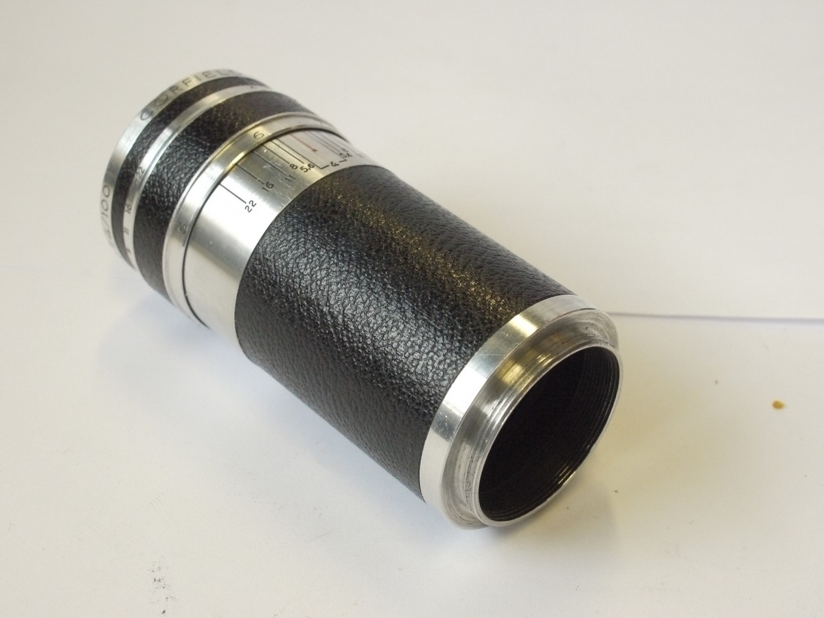 mwclassiccameras-20240426-148 Corfield England 100mm f4 Lumar Portrait lens, in L39 (Leica) screw mount. Uncoupled. With Corfield 95/100mm Tubular shoe mounting finder
