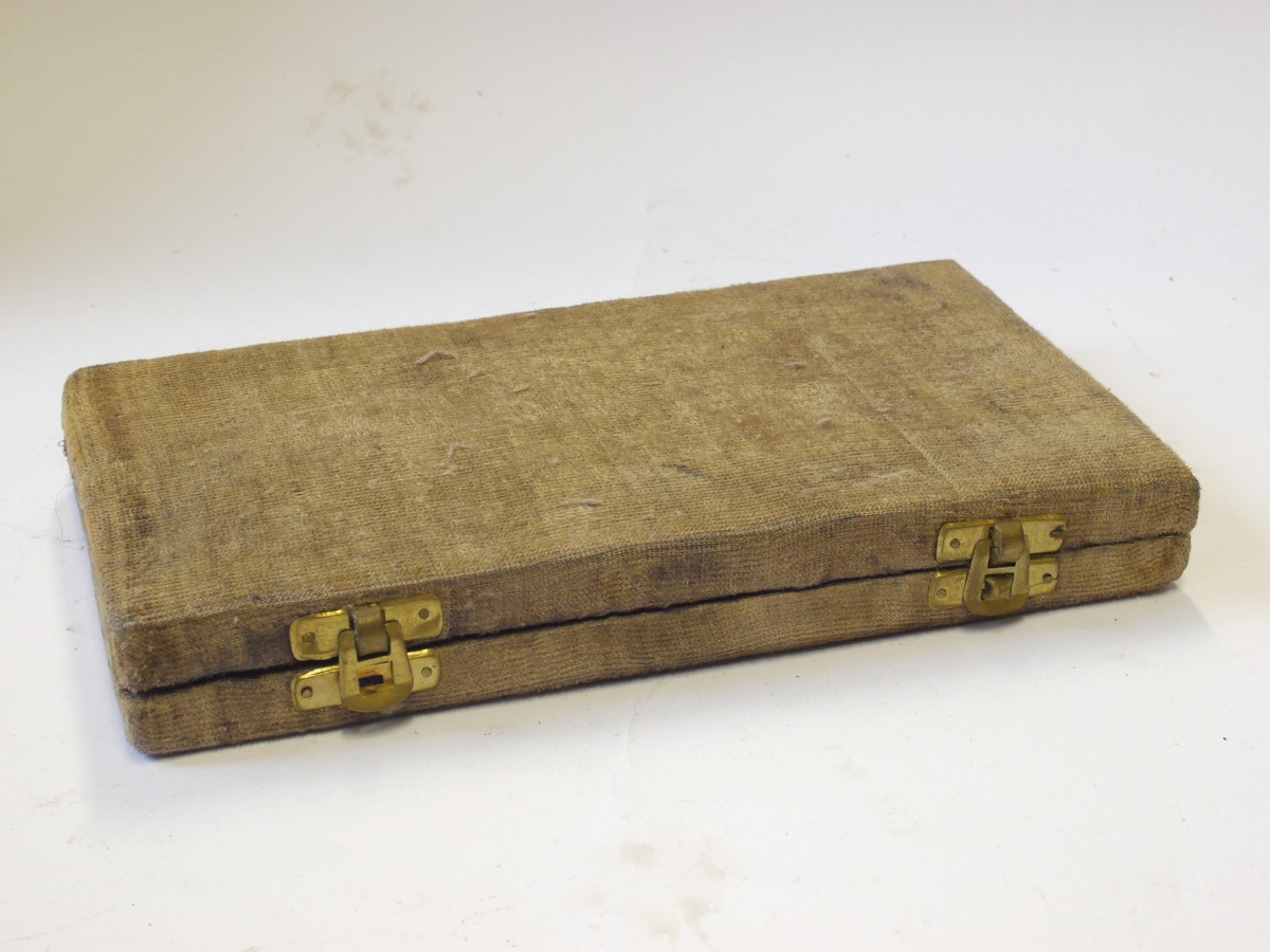 mwclassiccameras-20240503-286 Unamed Antique Brass Balance travel scales, complete with 7 weights & fitted case