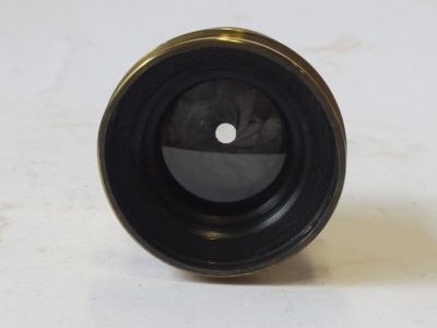 Unamed 6-7 inch (Estimated) f8 Brass lens with Iris Diaphragm + Red leather covered front cap