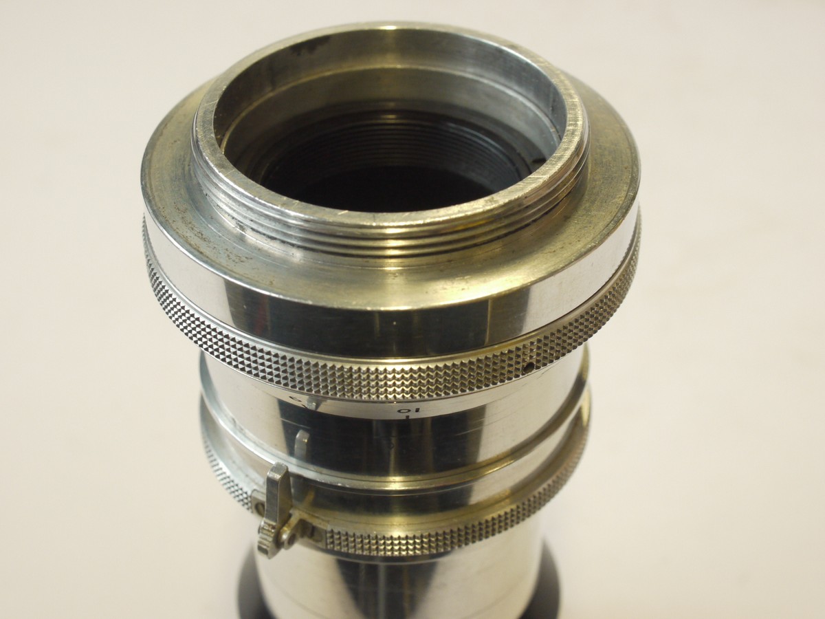 mwclassiccameras-20240517-209 Wray London 90mm f4 Lustrar all chrome scew mount lens for Wrayflex SLRs, with lens hood