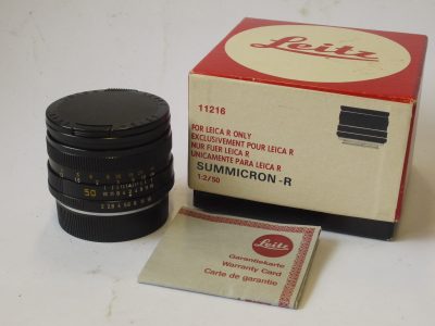 Leitz Canada 50mm f2 Sumicron-R 3rd-Cam (No.3312141) with built-in lens hood + Leitz Caps, Warranty Card & Matching numbered box with internal packaging