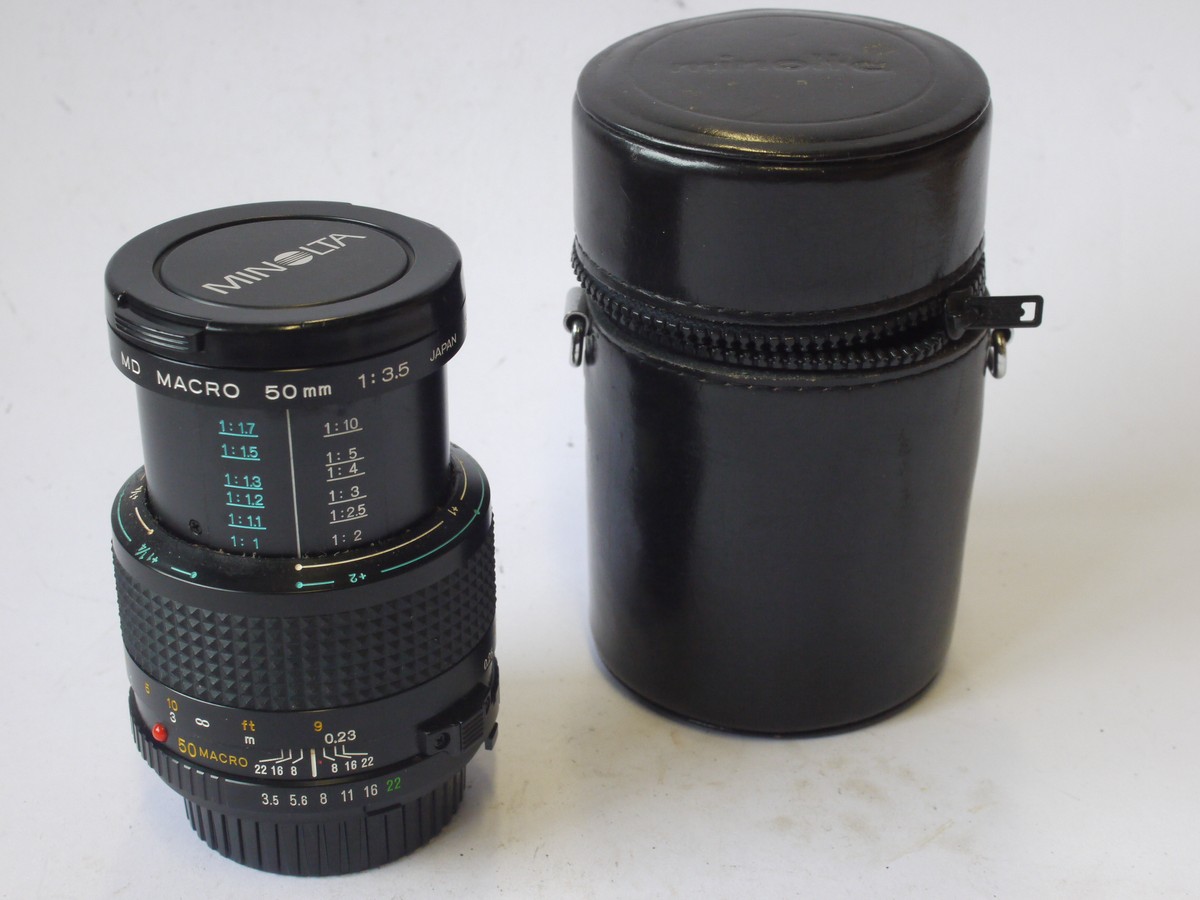 mwclassiccameras-20240524-117 Minolta 50mm f3.5 MD Macro manual focus MD lens + Minolta caps & pouch case