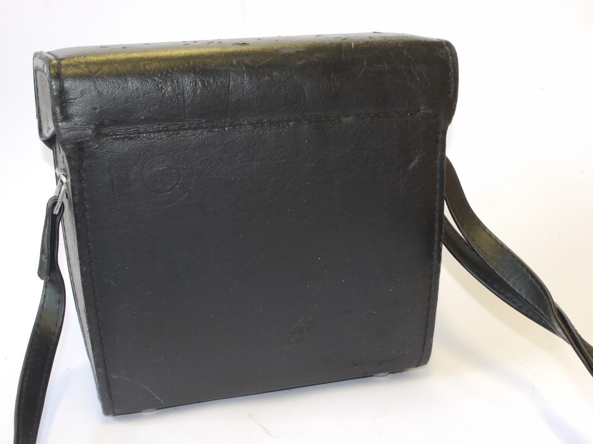 mwclassiccameras-20240607-77 Leitz Small Leica M Camera outfit case, black, with strap. Has inside section for Leica M camera & other space for lenses/accessories. 210 x 115 x 190mm