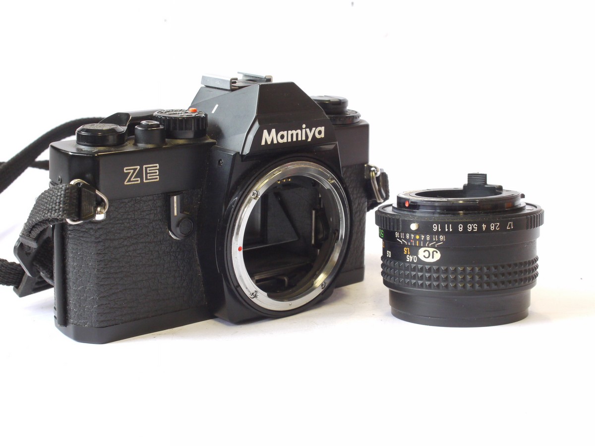 mwclassiccameras-20240719-6 Mamiya ZE 35mm SLR, black + Mamiya 50mm f1.7 Sekor-E bayonet mount len + front cap & Neck Strap