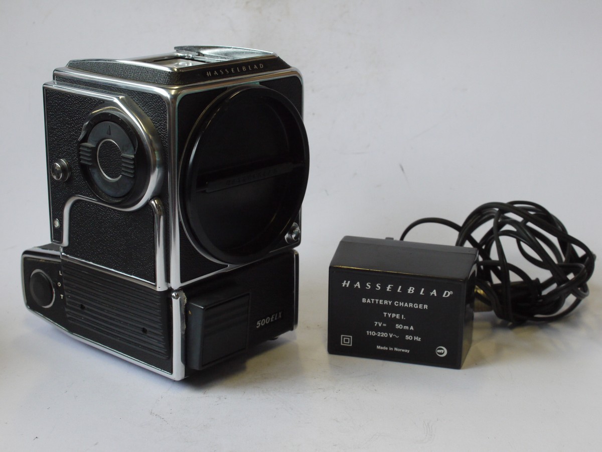 mwclassiccameras-20240726-7 Hasselblad 500 ELX body with tripod coupling plate (45148) + Two Rechangeable Batteries & Charger