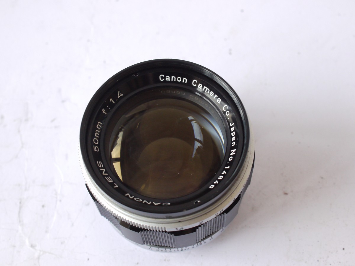 mwclassiccameras-20240802-168 Canon 50mm f1.4 Black & Chrome L39 Rangefinder Coupled lens + front cap