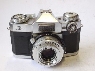 Zeiss Ikon Contaflex Super selenium metered SLR + Carl Zeiss 50mm f2.8 Tessar interchangeble lens, take-up spool, Independent Clear filter & hood + cases