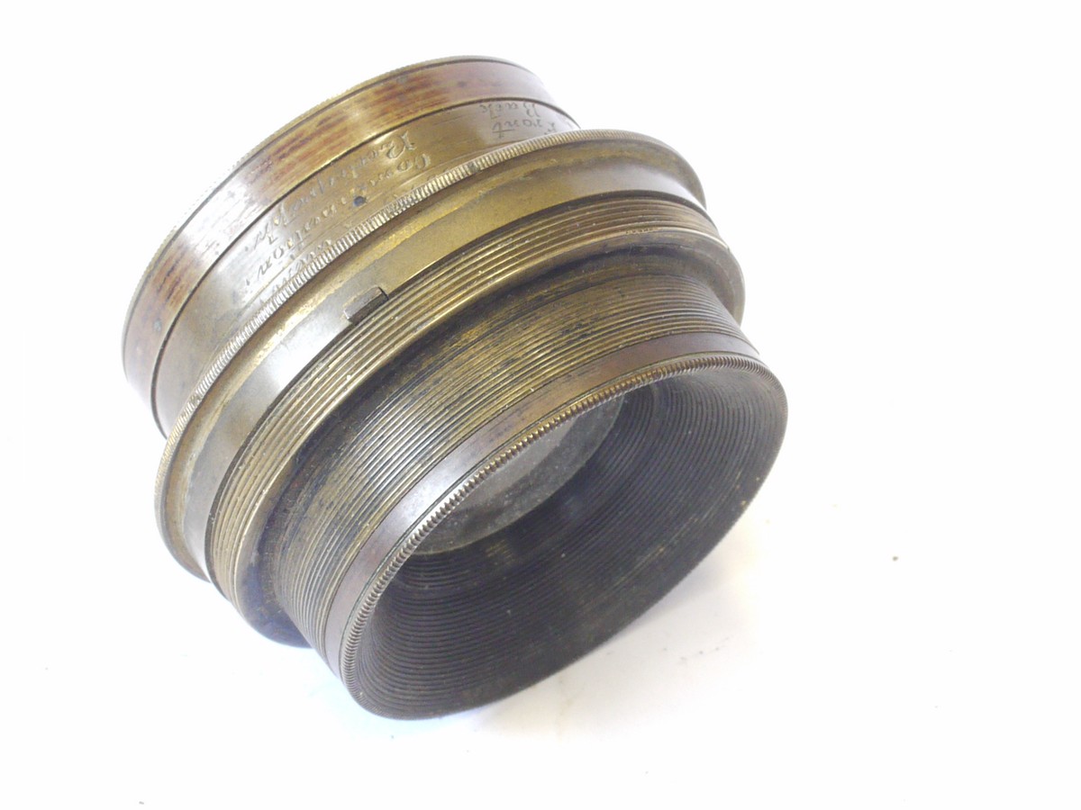 mwclassiccameras-20240816-130 J Lancaster & Son 8.5 inch (Estimated when combined together) Combination Rectigraph brass lens with Iris Diaphragm. Covers 10x8 inches