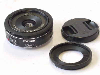 Canon EF 40mm f2.8 STM lens (Very High Quality lens!) With JJC LH-52 Lens hood & Canon front cap