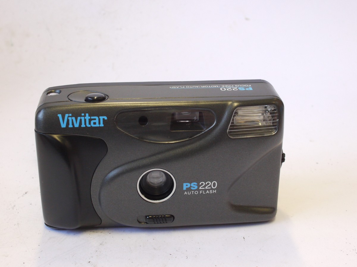 mwclassiccameras-20240823-150 Vivitar PS220 Auto Flash Grey coloured 35mm compact autofocus camera with strap, pouch, two Klick Photoprint 200ASA Colour print films, unused, one selae in its box & Vivitar Box