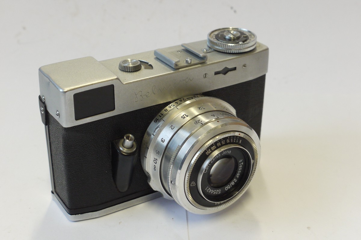 mwclassiccameras-20240927-101 Belca Belmira 35mm coupled rangefinder camera c1956, with Carl Zeiss Jena 50mm f2.8 Tessar lens in Vebut shutter. Made in Dresden, Germany